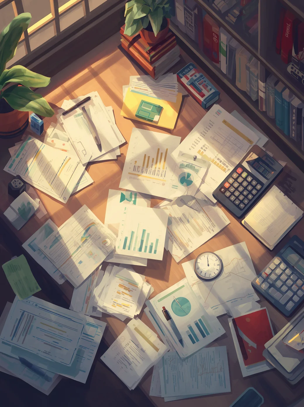 Accounting and bookkeeping workspace with financial documents, charts and calculators