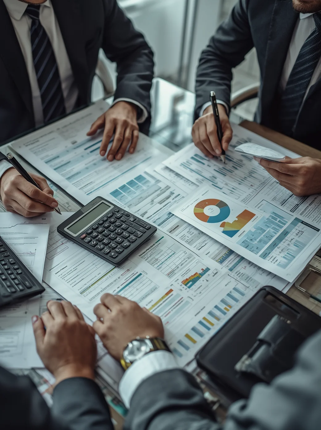 Audit and assurance professionals analysing financial statements and business reports