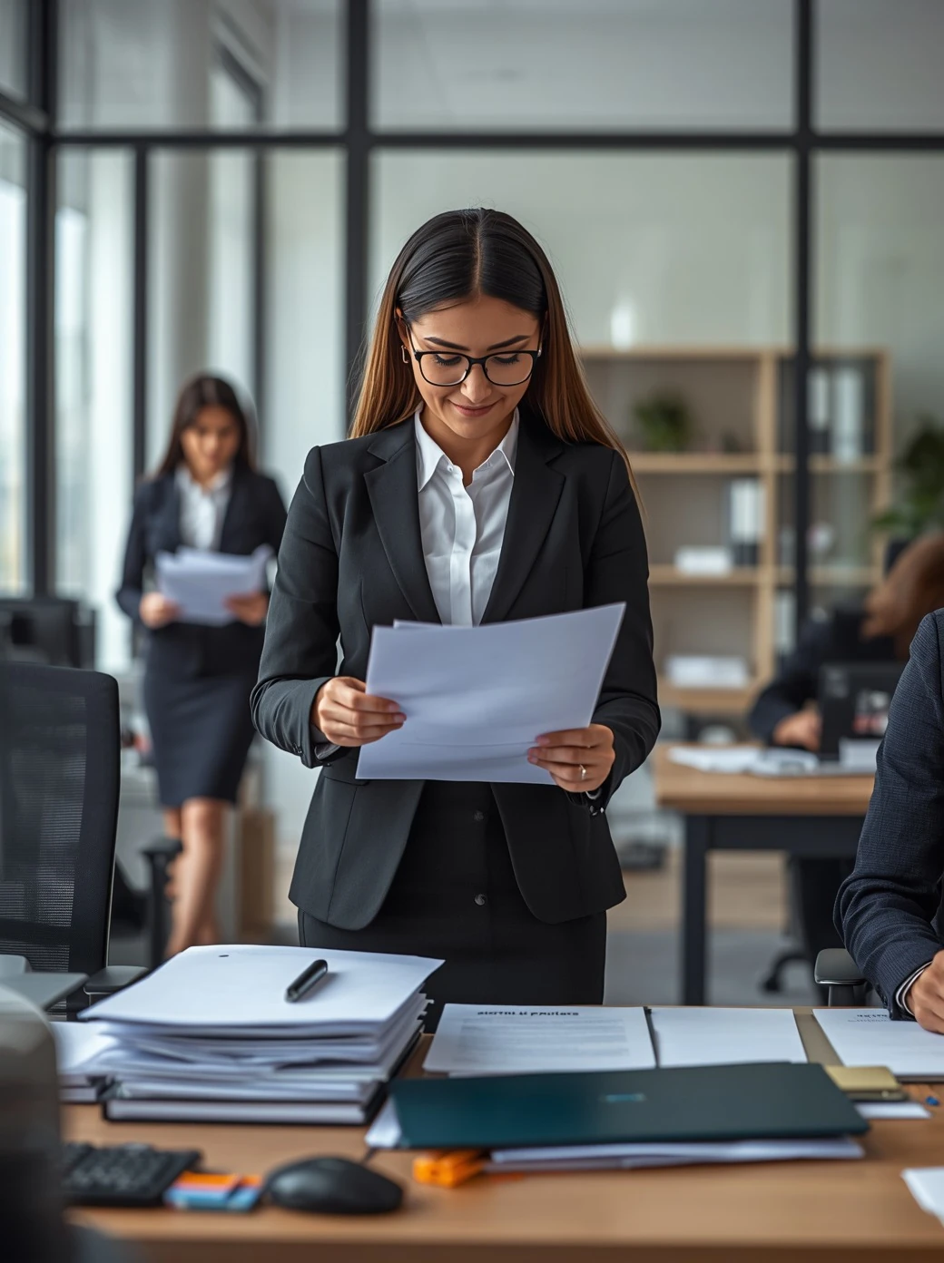 Corporate secretarial team reviewing company documents and compliance paperwork