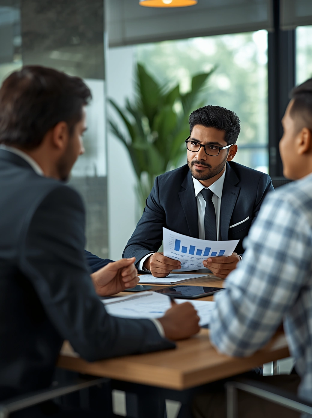Individual investment consultancy meeting with financial advisors and clients